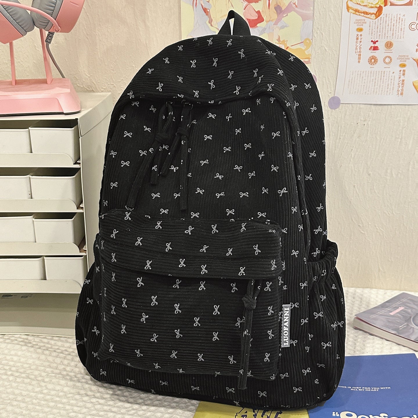 Cute Bow-Embellished Corduroy Backpack Bowlift