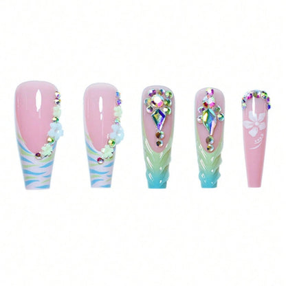 Decorative Long Press-On Nail Art with Gemstone Accents Acalora