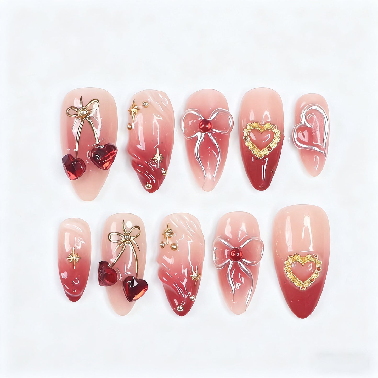 Decorative artificial nails with romantic heart and bow motifs Acalora