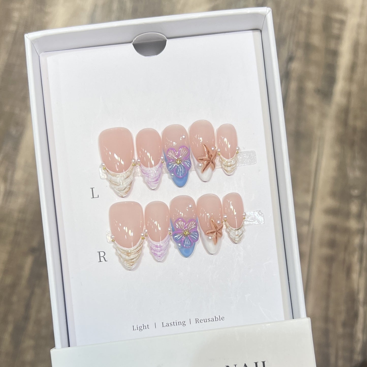 Artistic Press-On Nail Art Set with Floral and Starfish Design Acalora