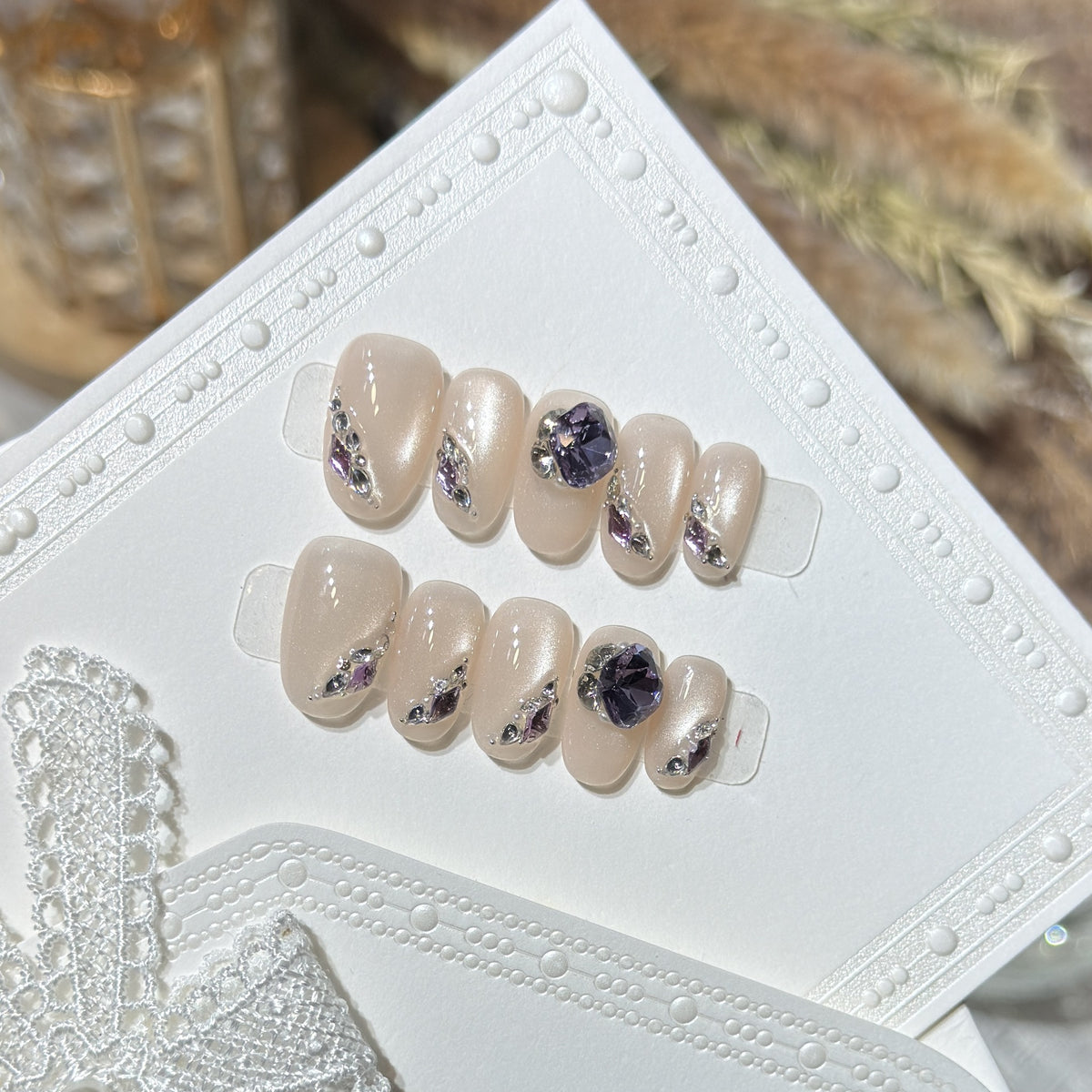 Elegant Press-On Nail Set with Gemstone Accents Acalora