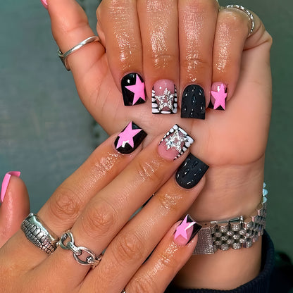 Artistic Press-On Nail Set with Star and Glitter Accents Acalora