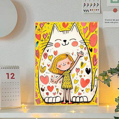 Playful Cat and Girl Illustration Canvas Art