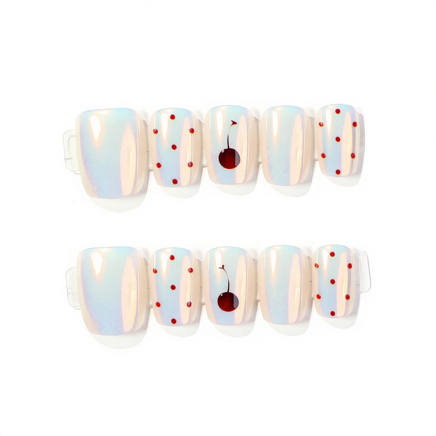 Artistic Press-On Nail Art Set with Cherry and Polka Dot Design Acalora