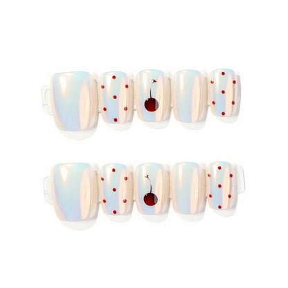 Artistic Press-On Nail Art Set with Cherry and Polka Dot Design Acalora