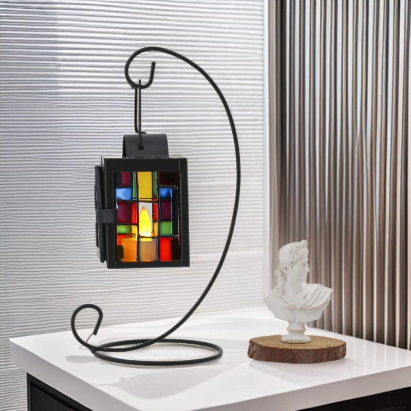 Stained Glass Mosaic Hanging Tealight Lantern with Metal Frame Acalora