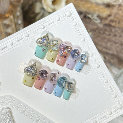 Artistic Press-On Nail Set with Gemstone Embellishments Acalora
