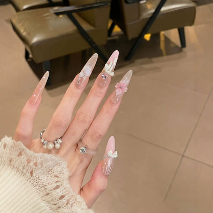 Decorative Stiletto Press-On Nail Art Set with Elegant Floral Design Acalora