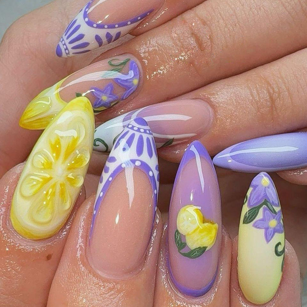 Artificial nails with creative lemon and lilac design Acalora