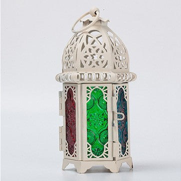Moroccan-Style Metal and Glass Decorative Hanging Lantern with Intricate Filigree Acalora
