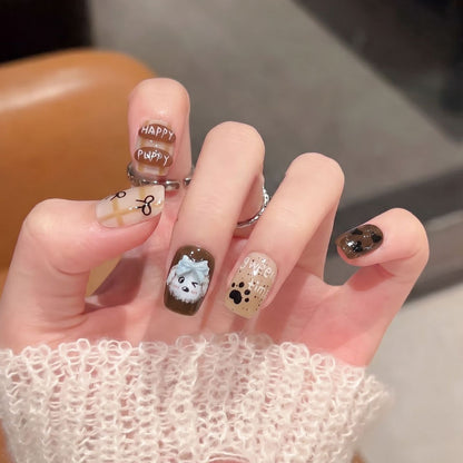 Playful Cartoon Dog-Themed Press-On Nail Art Set Acalora