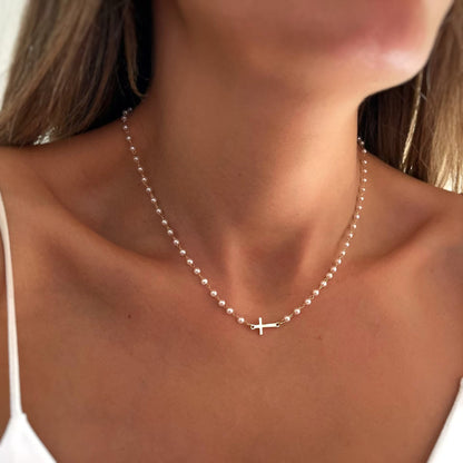 BowLift | Dainty Faux Pearl Cross Station Choker Necklace