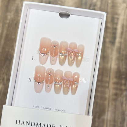Decorative Stiletto Press-On Nail Art Set with Elegant Ribbons and Gems Acalora