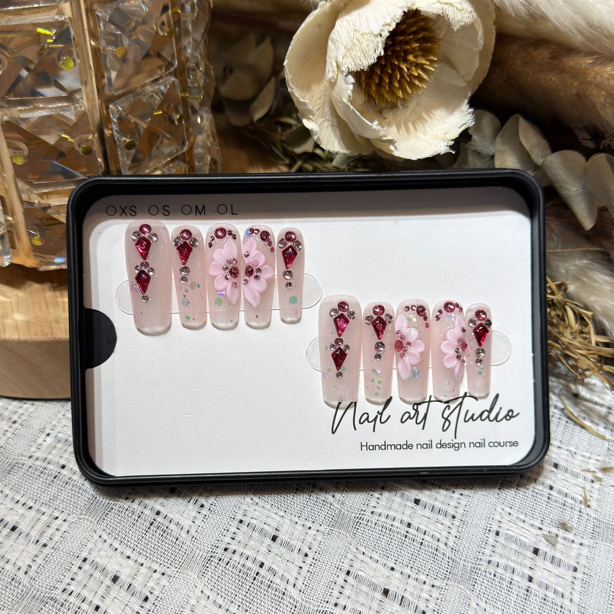 Floral-Themed Press-On Nail Set with Gemstone Accents Acalora
