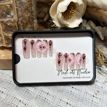 Floral-Themed Press-On Nail Set with Gemstone Accents Acalora