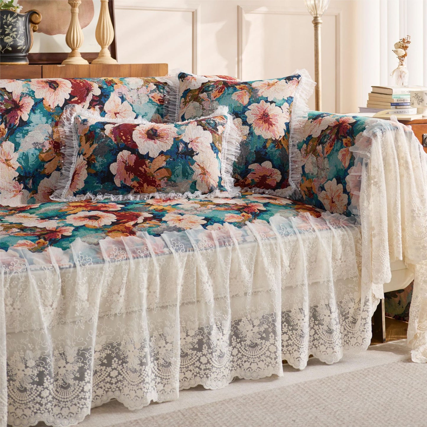 Floral Lace Embellished Sofa Cover