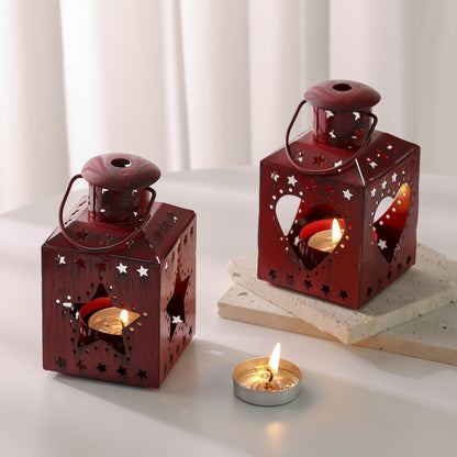 Distressed Shabby-Chic Square Tea Light Lantern with Christmas Tree Cutouts Acalora