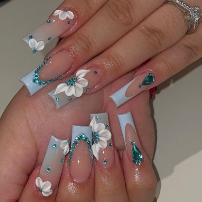 Decorative Press-On Nails with Unique Floral and Gem Accents Acalora