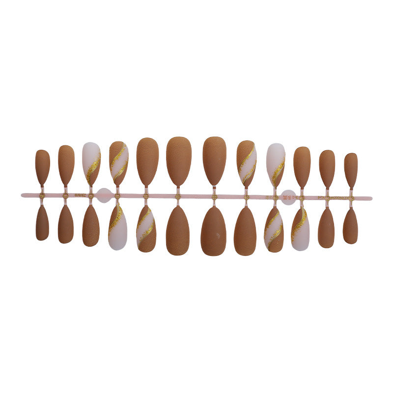 Elegant Press-On Nail Set with Decorative Gold Stripe Design Acalora