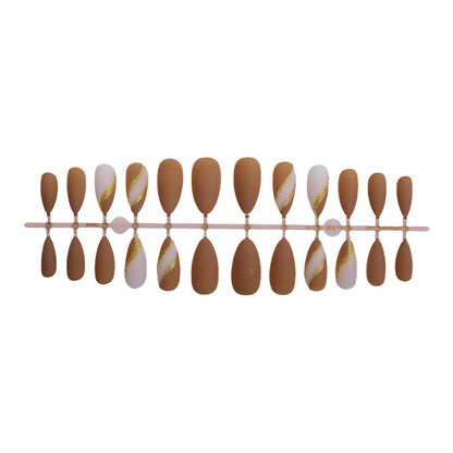 Elegant Press-On Nail Set with Decorative Gold Stripe Design Acalora