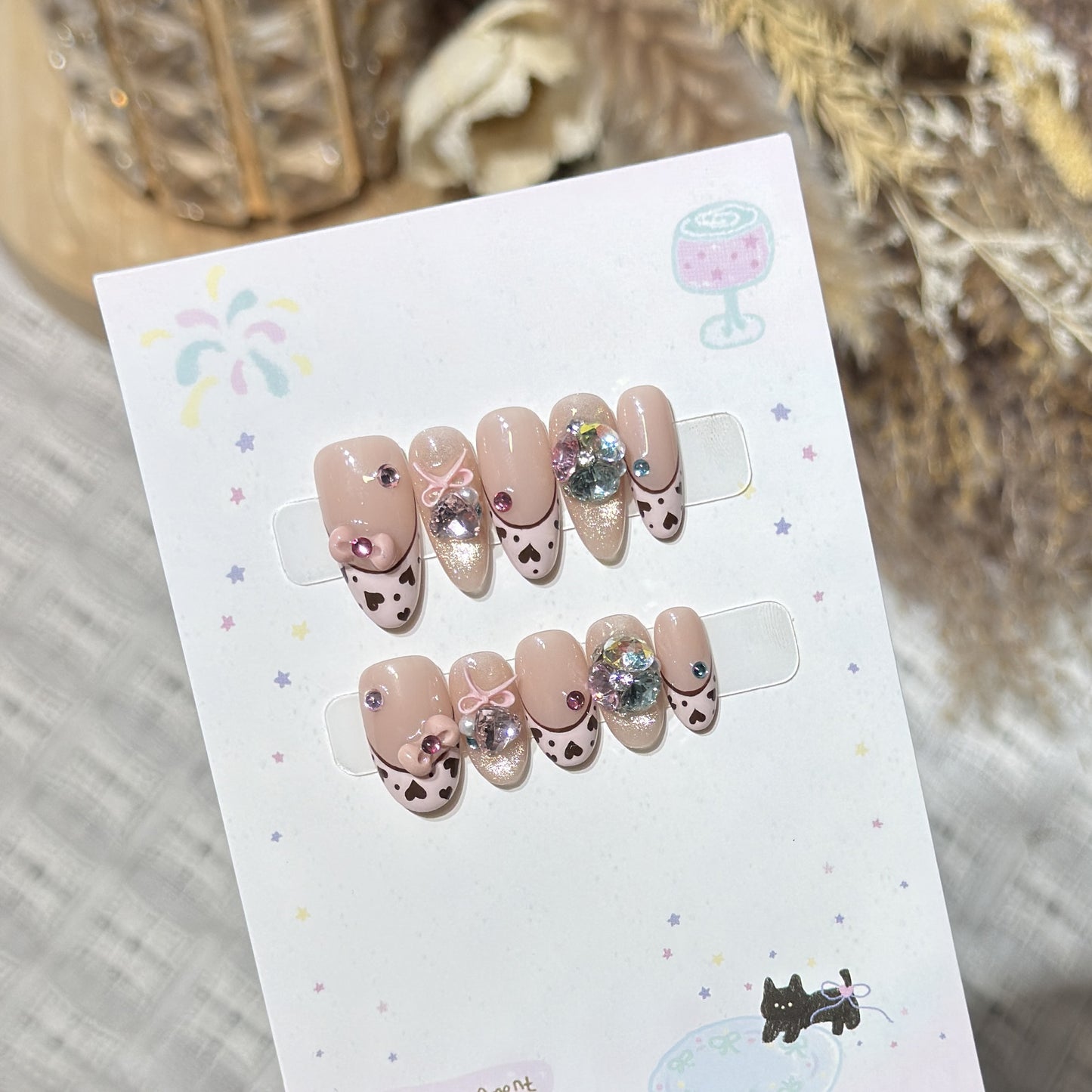 Decorative Press-On Nail Art Set with Heart and Gem Accents Acalora