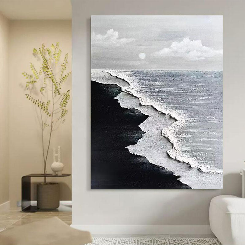 Monochrome Coastal Wave Canvas Artwork