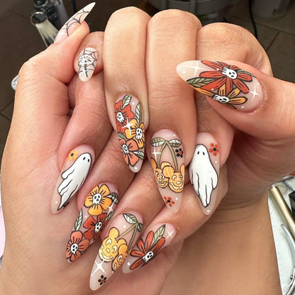 Artistic Press-On Nail Set with Seasonal Floral and Ghost Designs Acalora