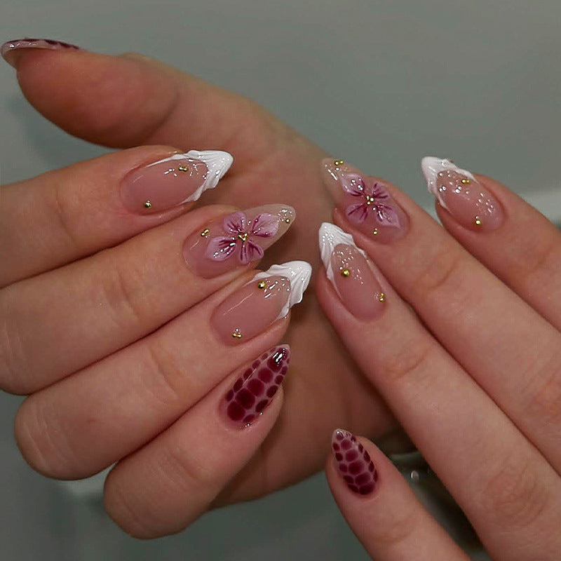 Artistic Press-On Nail Set with Floral and Leopard Designs Acalora