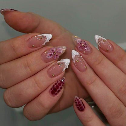 Artistic Press-On Nail Set with Floral and Leopard Designs Acalora