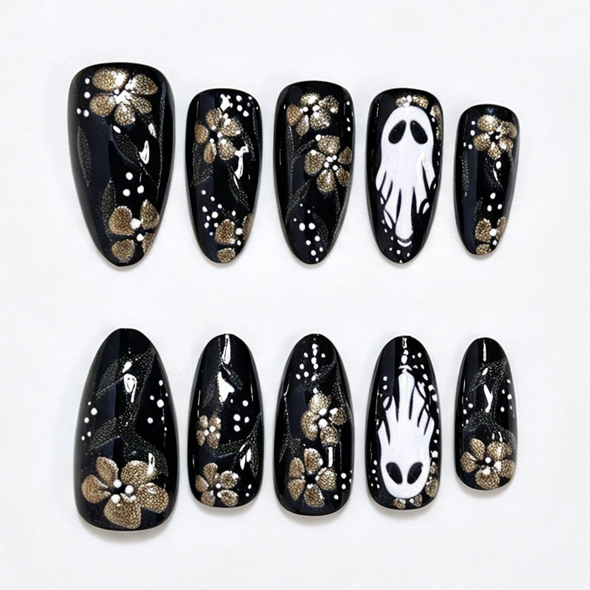 Artistic Ghost and Floral Theme Press-On Nail Art Acalora