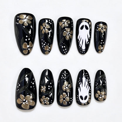 Artistic Ghost and Floral Theme Press-On Nail Art Acalora