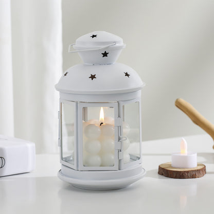 Vintage-Inspired Cylindrical Metal Tea Light Lantern with Star Vent Cutouts and Hinged Glass Door Acalora