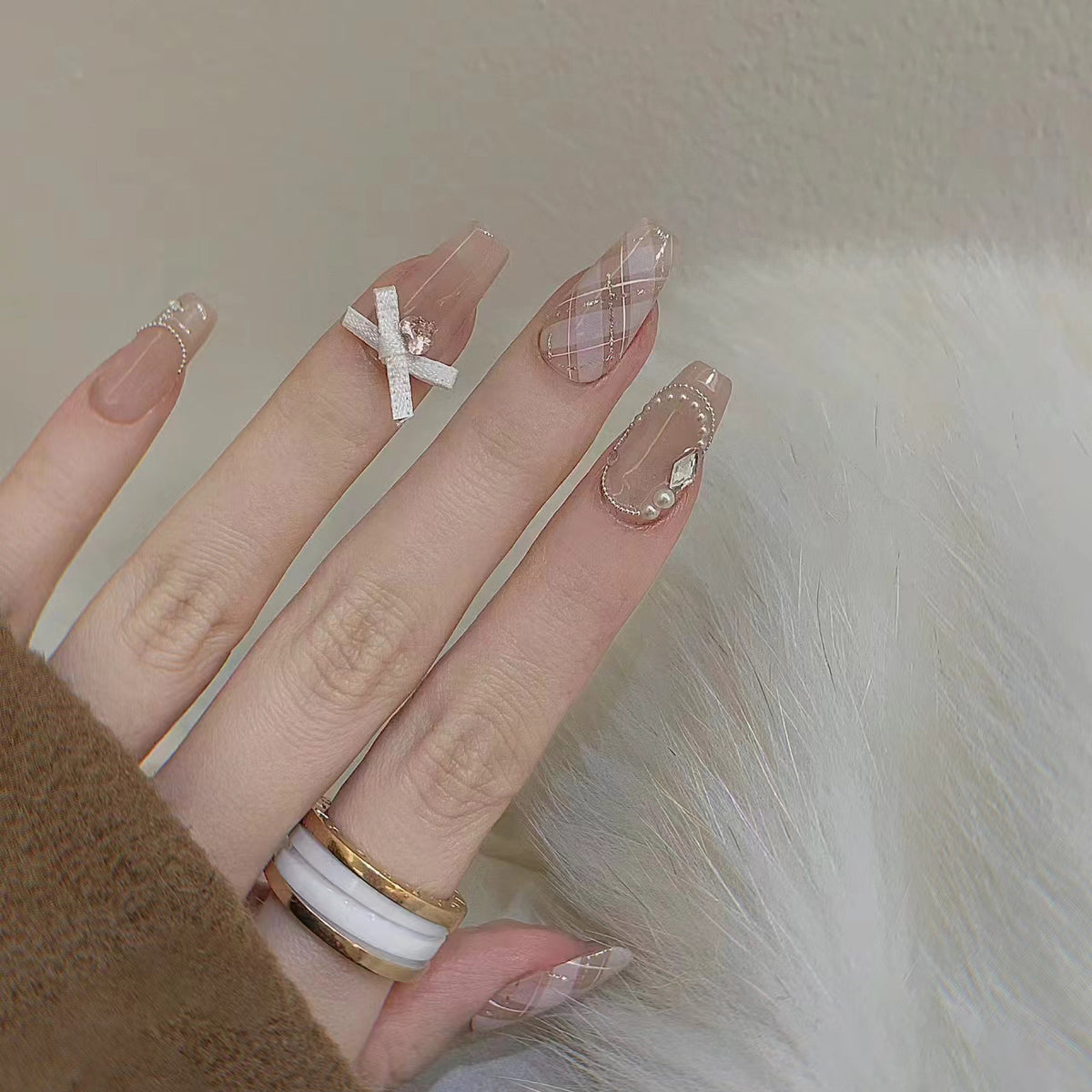Elegant Press-On Nail Art Set with Ribbons and Gemstone Accents Acalora