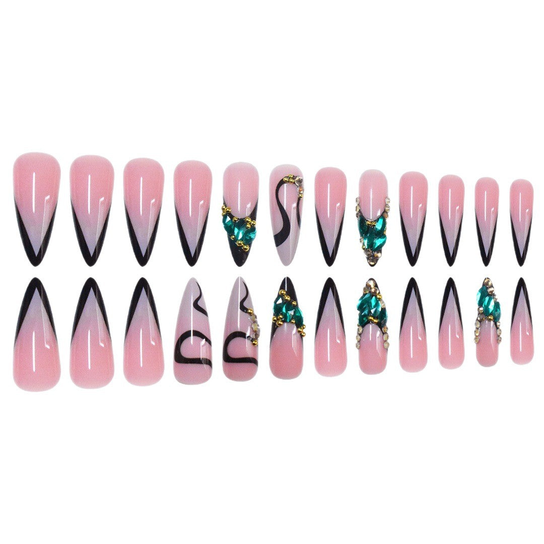 Artistic Stiletto Press-On Nail Art with Gemstone Accents Acalora