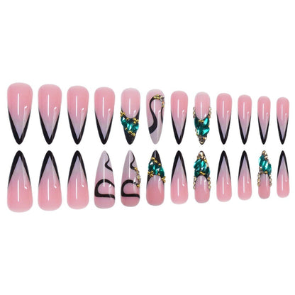 Artistic Stiletto Press-On Nail Art with Gemstone Accents Acalora