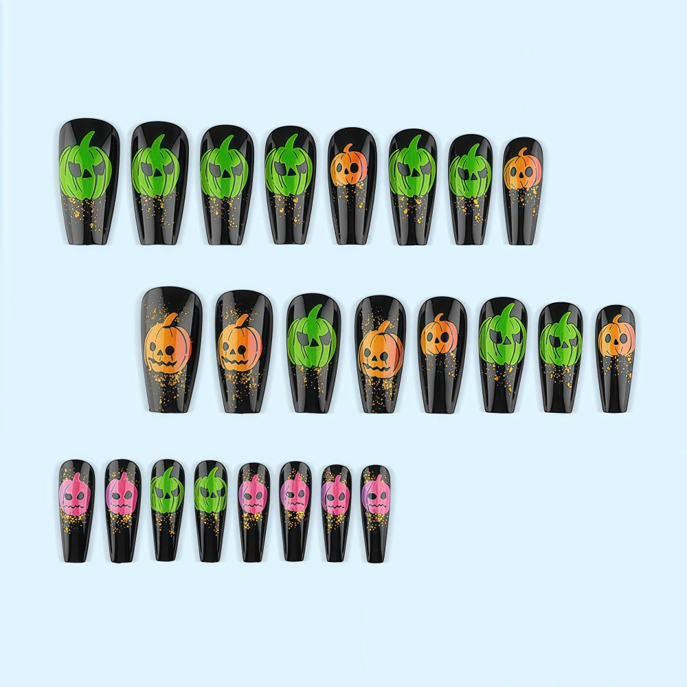 Halloween-style artificial nails with graphic pumpkin designs Acalora