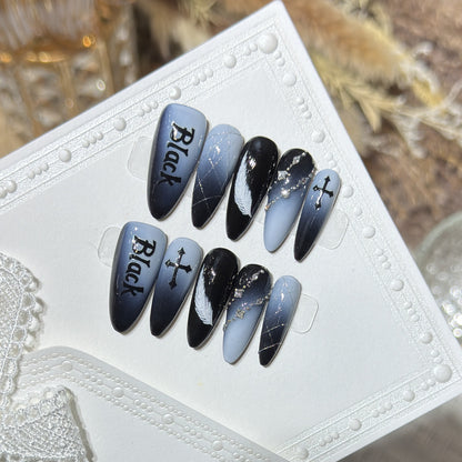 Artistic Press-On Nail Set with Gothic Feather and Cross Design Acalora