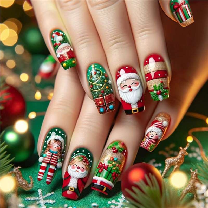 Festive Holiday-Themed Press-On Nail Art Set Acalora