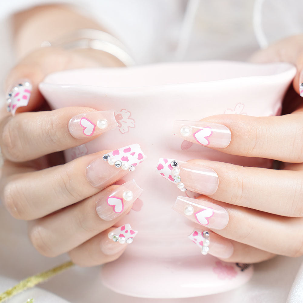 Decorative 3D Heart and Leopard Print Press-On Nail Set Acalora