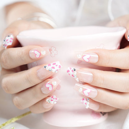 Decorative 3D Heart and Leopard Print Press-On Nail Set Acalora