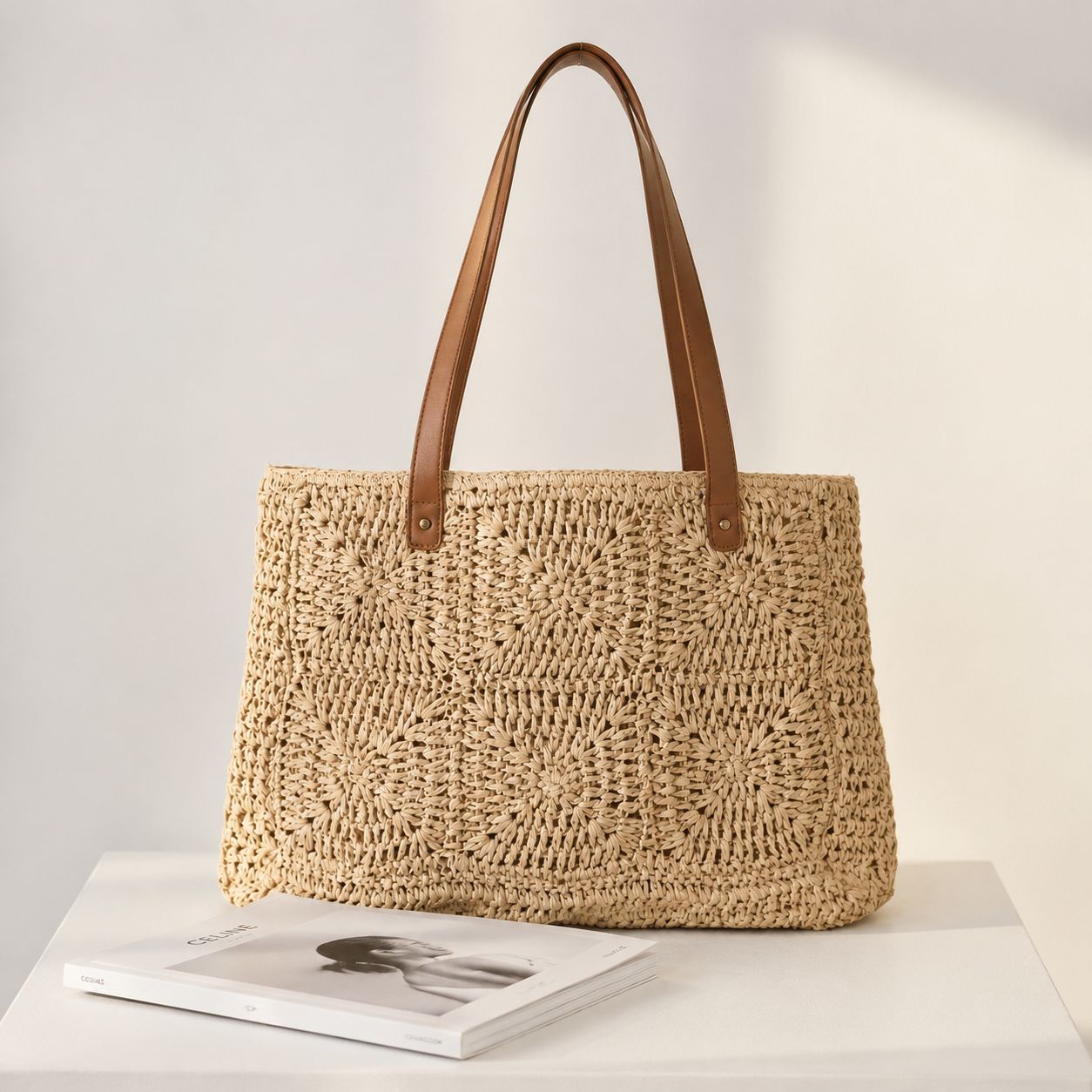 Handbag Made of Natural Rattan with Elegant Leather Handles Bowlift