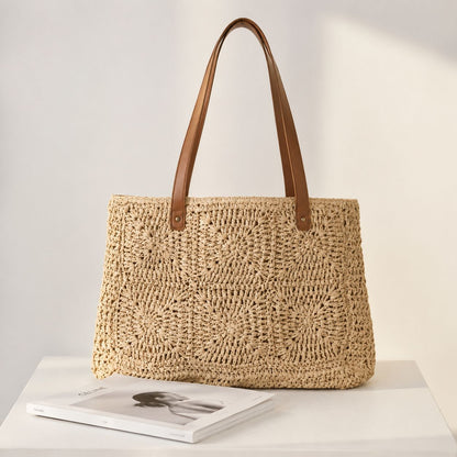 Handbag Made of Natural Rattan with Elegant Leather Handles Bowlift