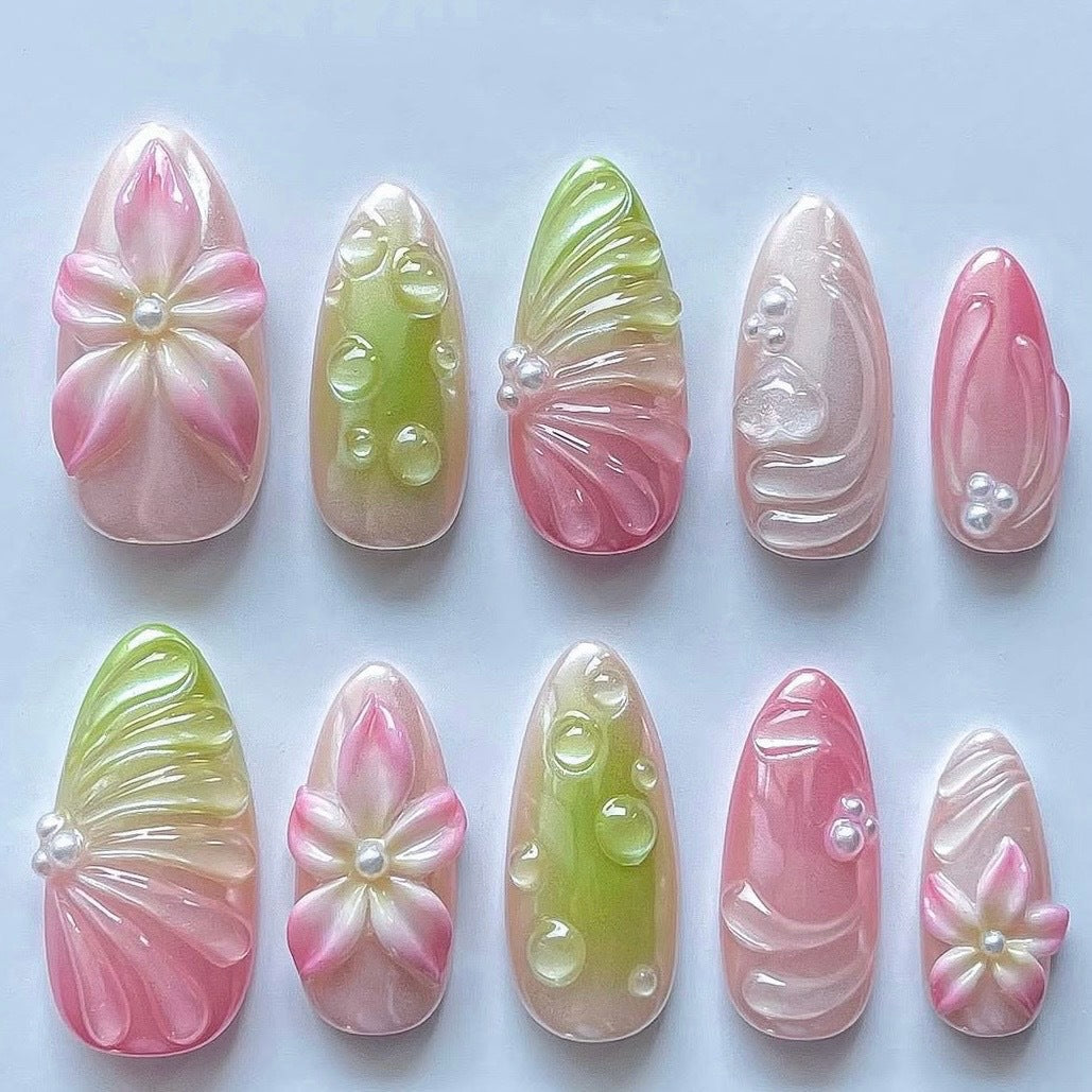 Artificial nails with 3D flower and pearl decorations Acalora