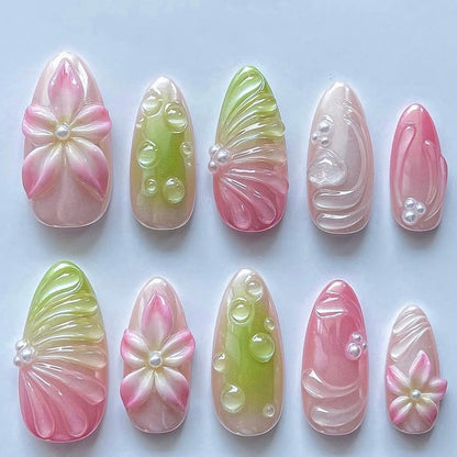 Artificial nails with 3D flower and pearl decorations Acalora