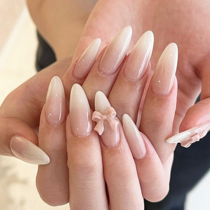 Elegant Press-On Nail Art Set with Glossy Finish and Cute Bow Details Acalora