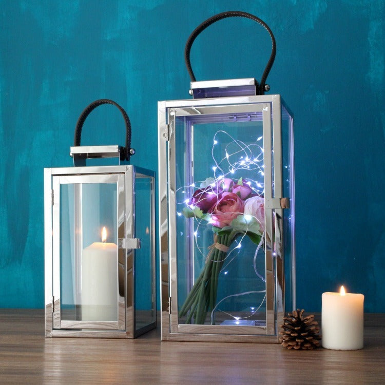 Contemporary Polished Metal Glass Hurricane Lanterns with Braided Handle & Front Latch Acalora