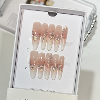 Elegant Stiletto Press-On Nail Art Set with Crystal and Pearl Accents Acalora