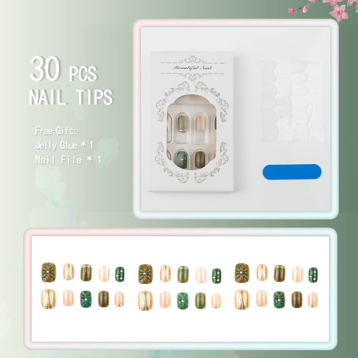 Artificial nail set with elegant flower design and luxurious glitter accents Acalora