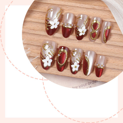 Artistic Press-On Nail Set with Floral and Metallic Accents Acalora