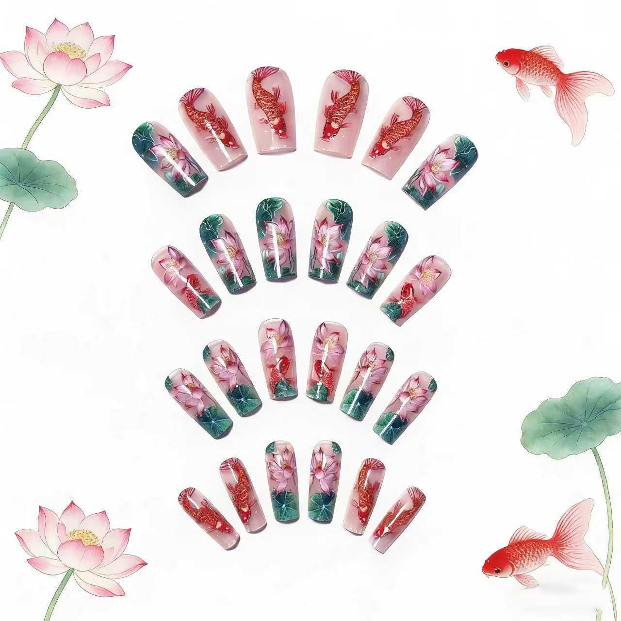 Artistic Water Lily and Koi Fish Nail Art Acalora